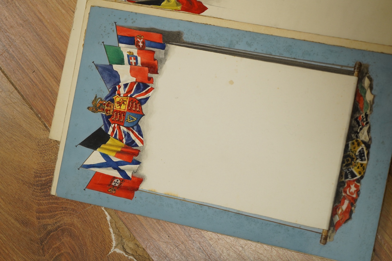 Charles Thomas Howard (1865–1942), nine original watercolours for patriotic postcard designs, WWI Flags of the Allied Nations, unframed, largest 14 x 23cm. Condition - fair
